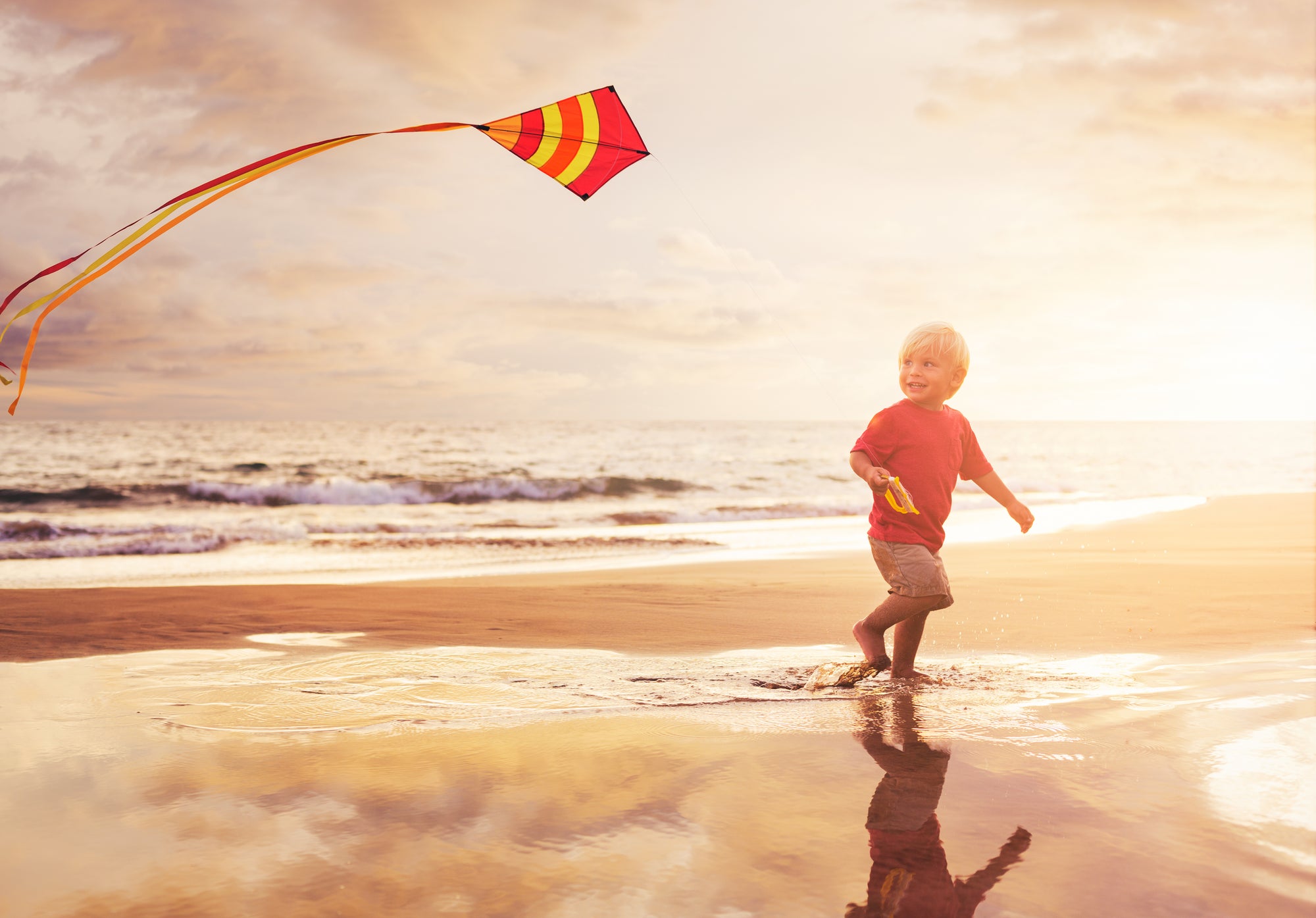 boy flying a kite on beach